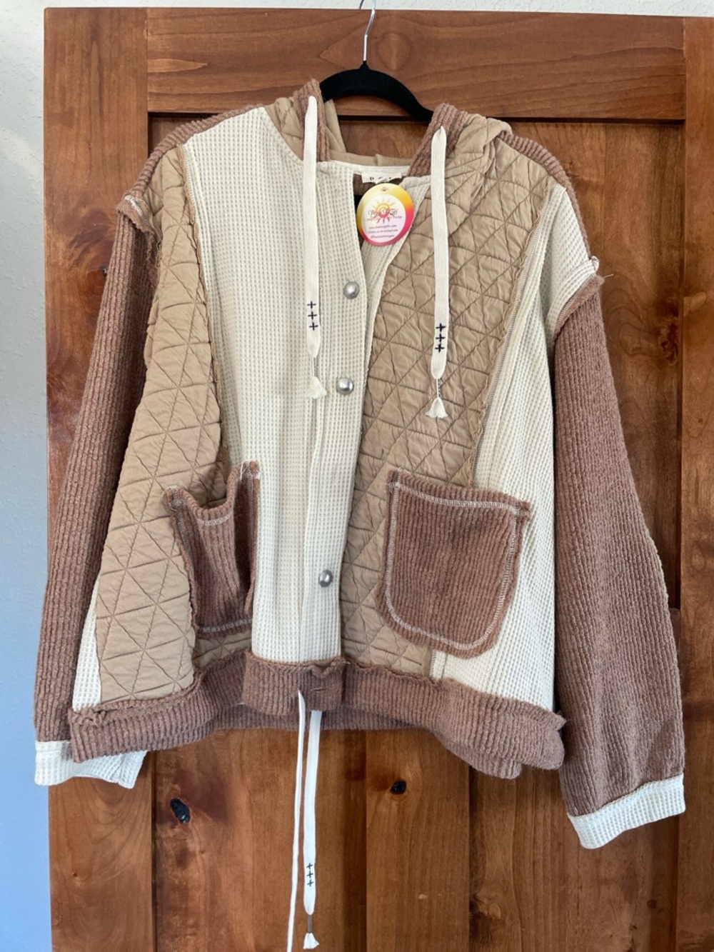 POL Mixed-Texture Knit Hoodie Brown and Cream